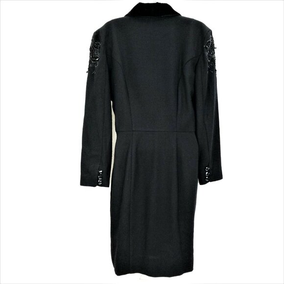 Nancy Johnson Vintage Black Wool Dress S M Velvet Collar Beaded Embellished Long - Picture 2 of 10